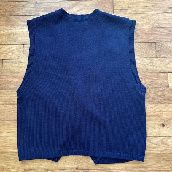Leslie Fay Navy Knit Sweater Vest With Embroidered Teal Leaves & Gold Buttons - Picture 8 of 8